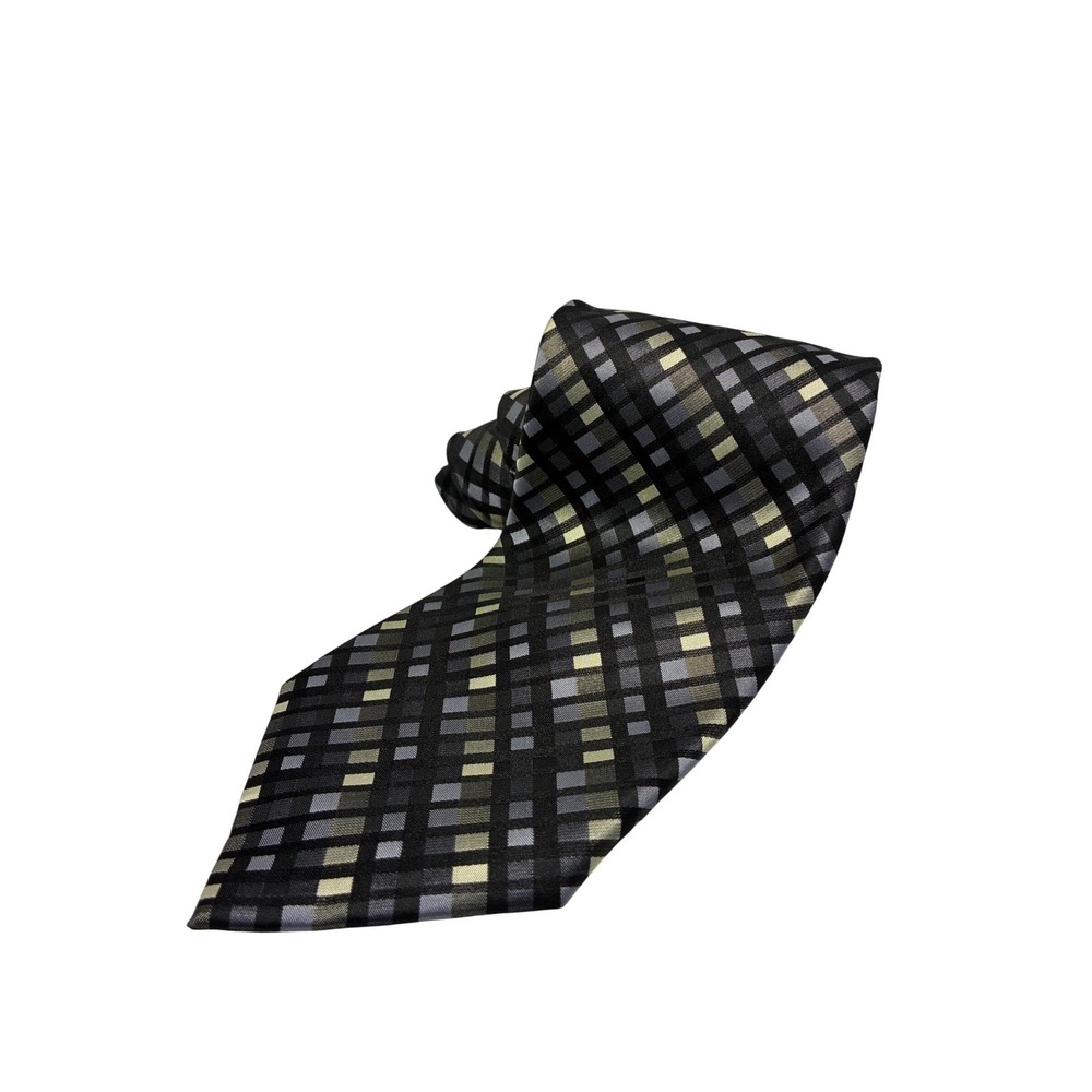 Van Heusen Mens Silk Tie Black Grey Gold Geometric Grid Stain Resistant Handmade